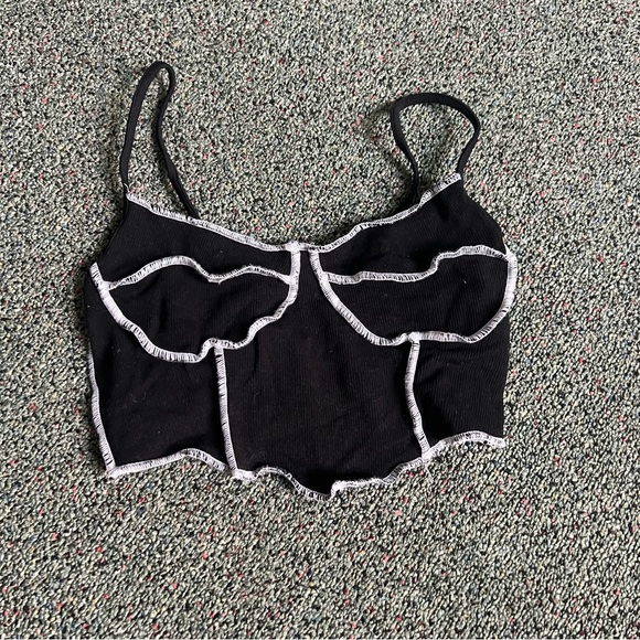 Black & White Contrast Stitching Ribbed Cropped Corset Tank Top Stretch Shirt - Picture 2 of 8